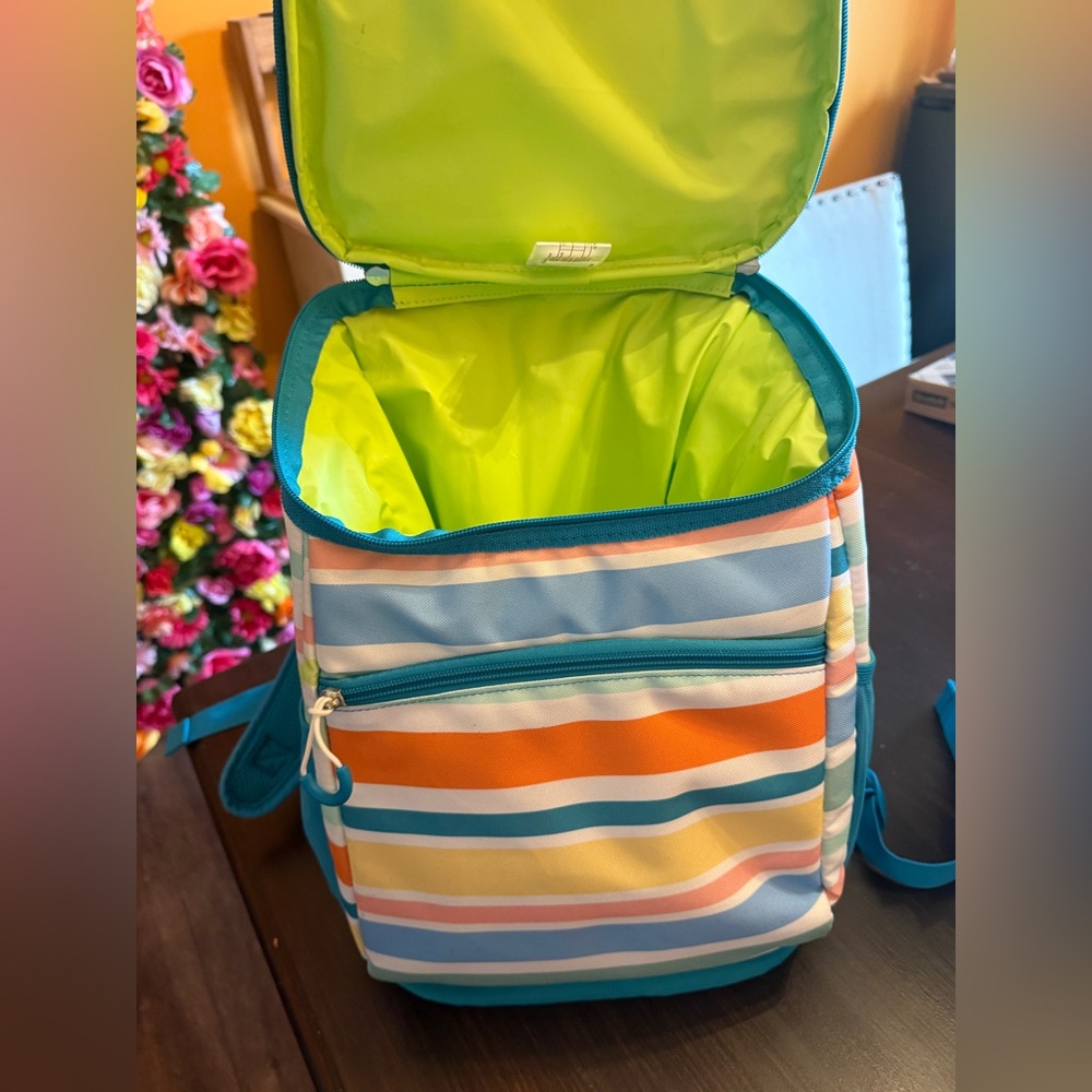 Striped Backpack Cooler with Blue and Orange Accents
